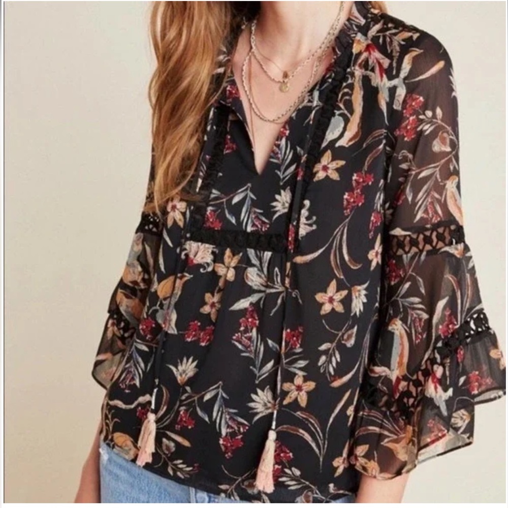 Maeve Anthropologie Odette Peasant Shirt Bird Black Floral Blouse Top Size Small